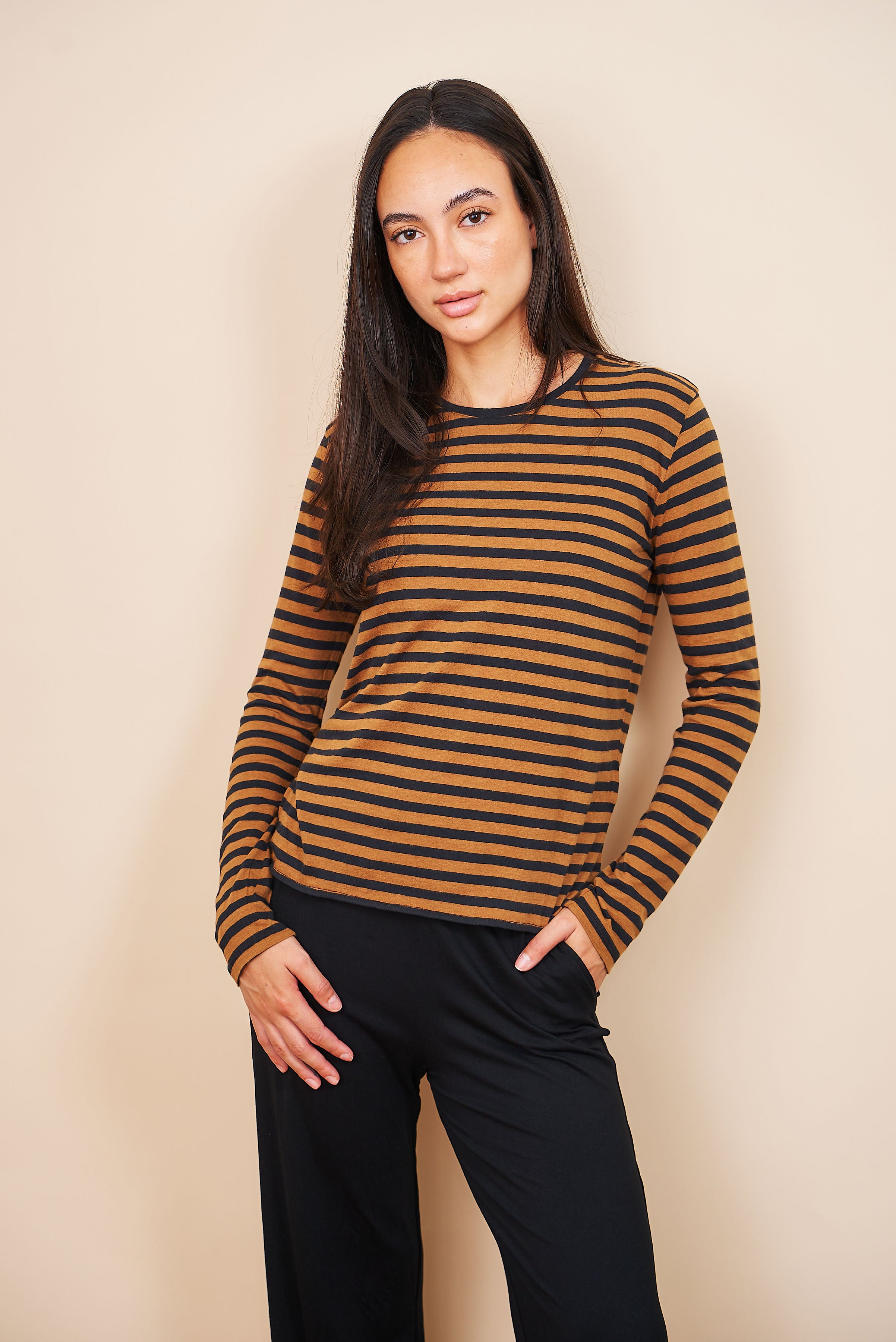 Majestic Cotton/Cashmere Striped Crewneck in Camel/Black