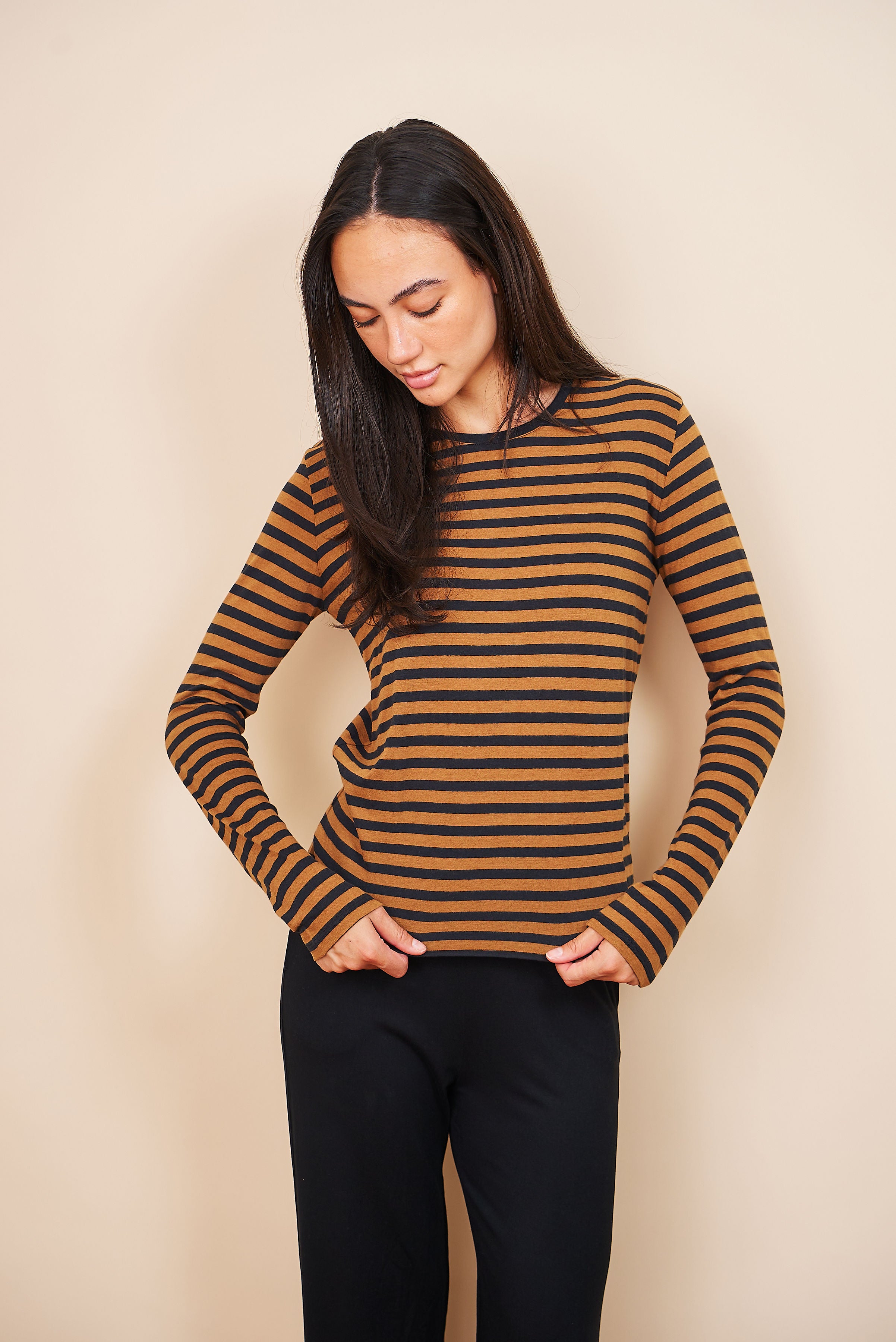 Majestic Cotton/Cashmere Striped Crewneck in Camel/Black