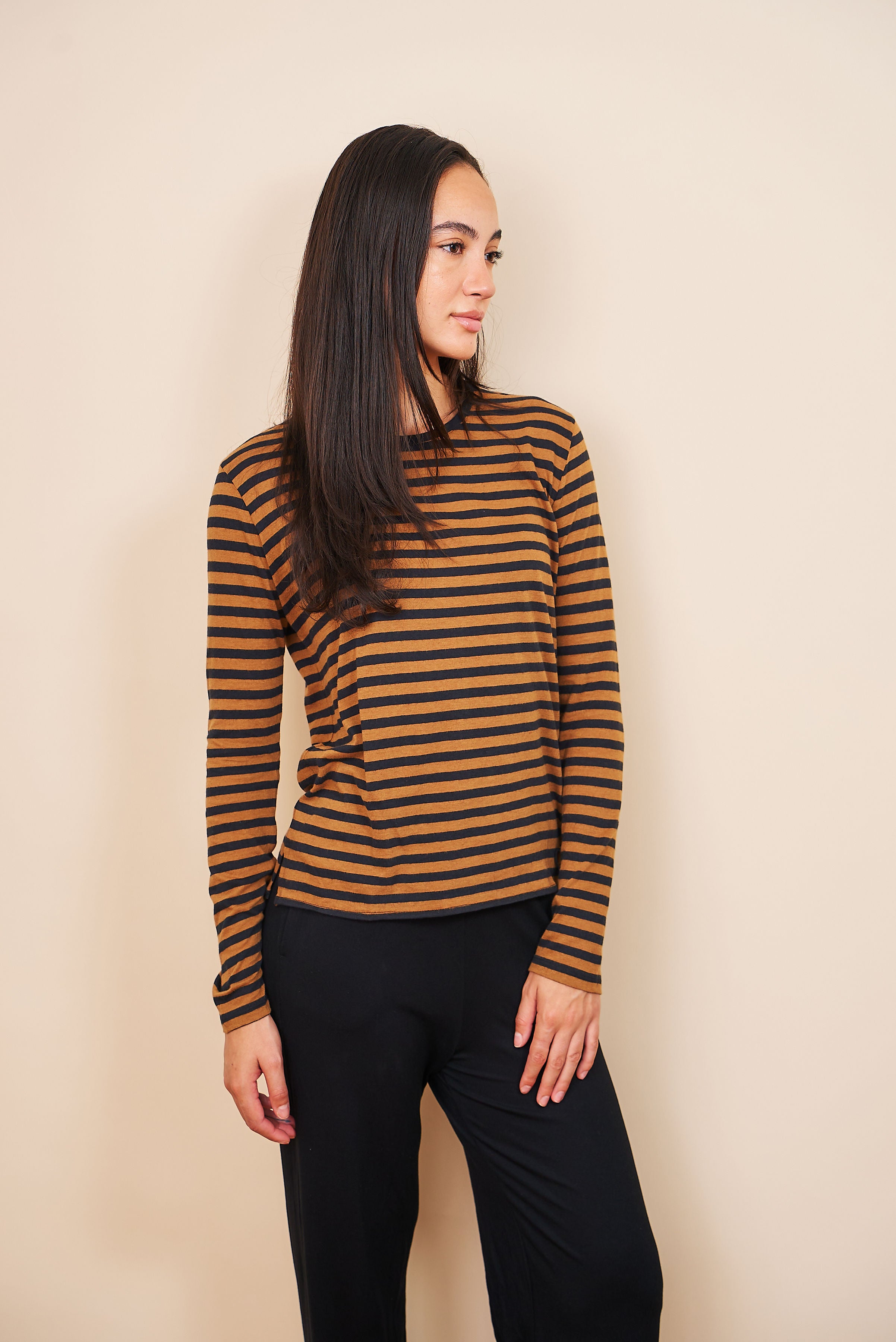 Majestic Cotton/Cashmere Striped Crewneck in Camel/Black