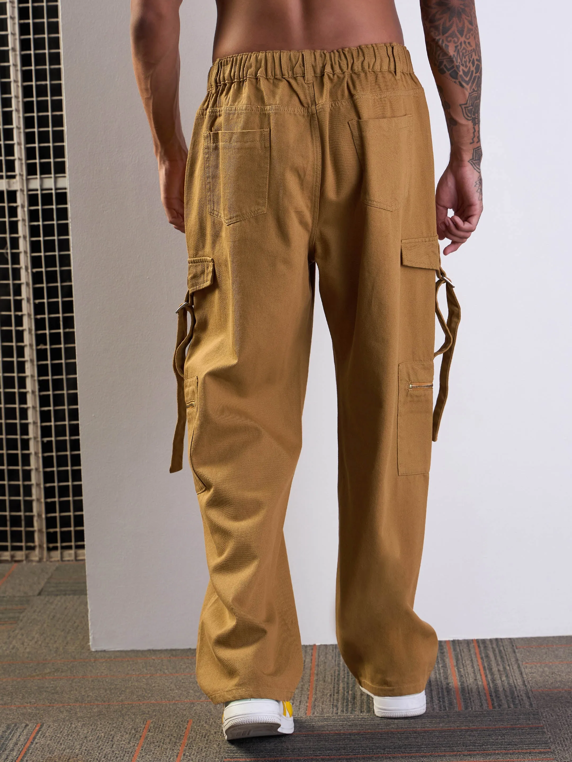 Men Tan Brown Side Pocket Baggy Cargo Jeans