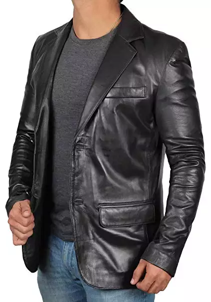 Mens  Black Leather Blazer Jacket - Stylish Two Button Notch Lapel Blazer