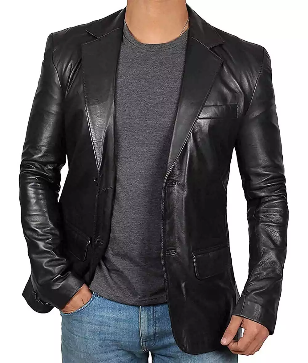 Mens  Black Leather Blazer Jacket - Stylish Two Button Notch Lapel Blazer