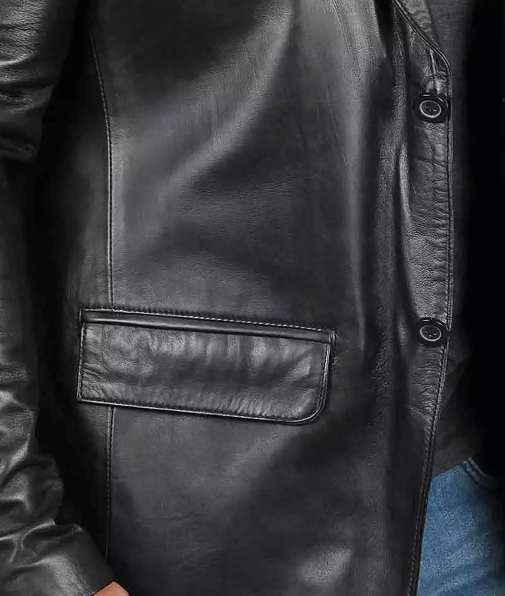 Mens  Black Leather Blazer Jacket - Stylish Two Button Notch Lapel Blazer