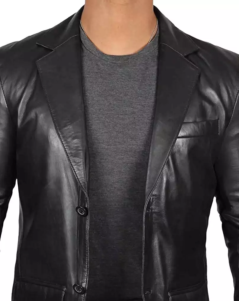 Mens  Black Leather Blazer Jacket - Stylish Two Button Notch Lapel Blazer