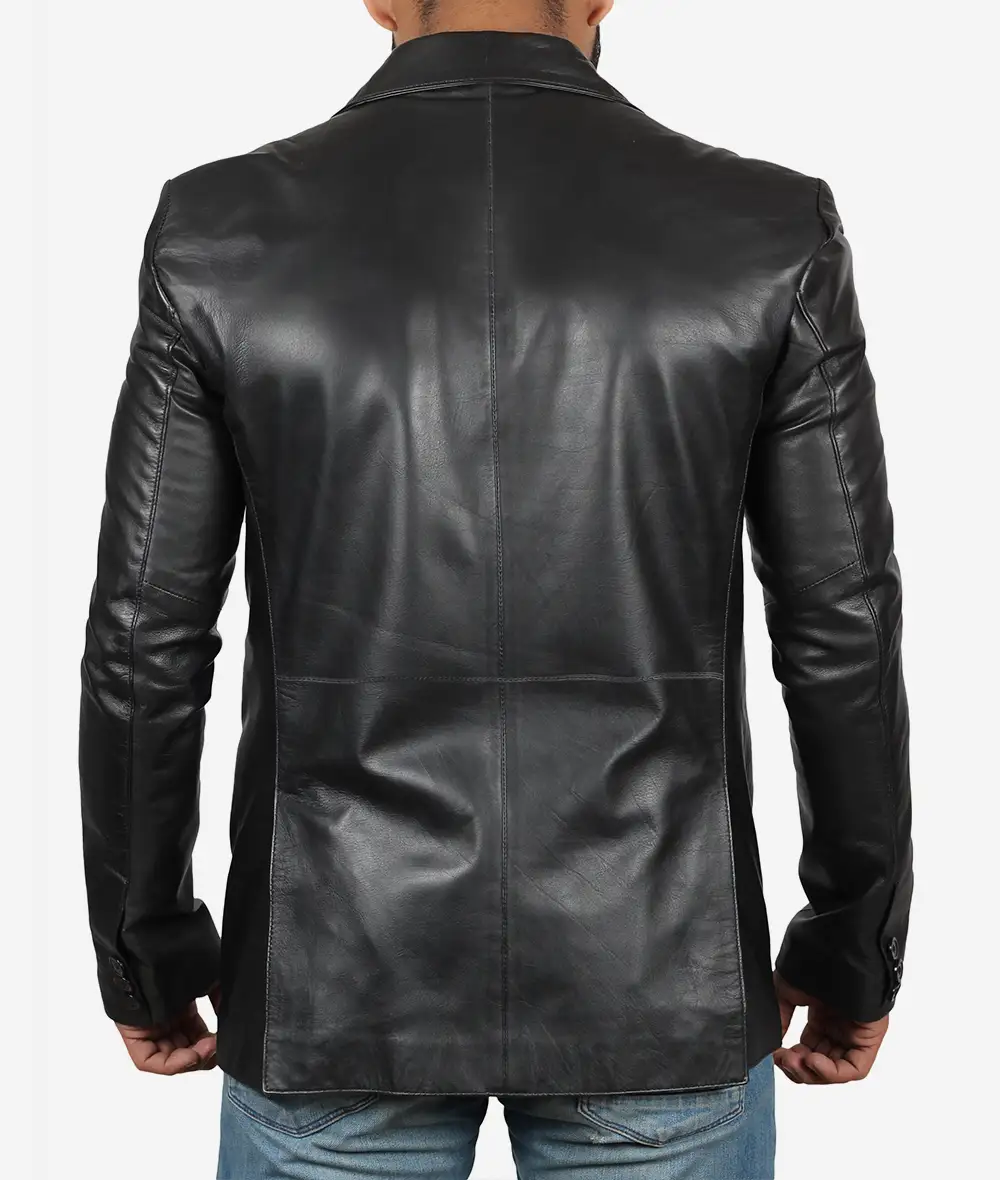 Mens  Black Leather Blazer Jacket - Stylish Two Button Notch Lapel Blazer