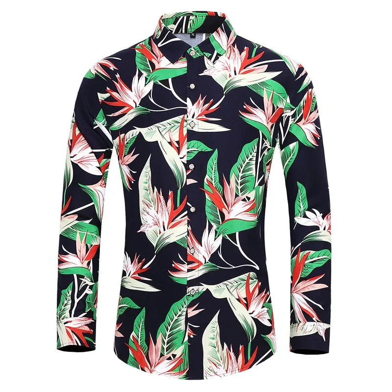 Men's Casual Cotton Rose Plant Flower Printed Hawaiian Long Sleeve Shirt