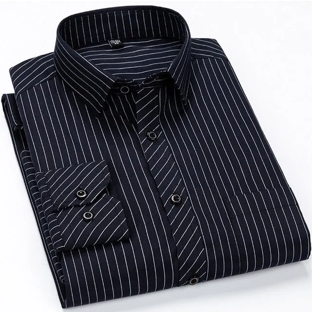 Men's Casual Cotton Striped Single Patch Pocket Office Long Sleeve Shirt