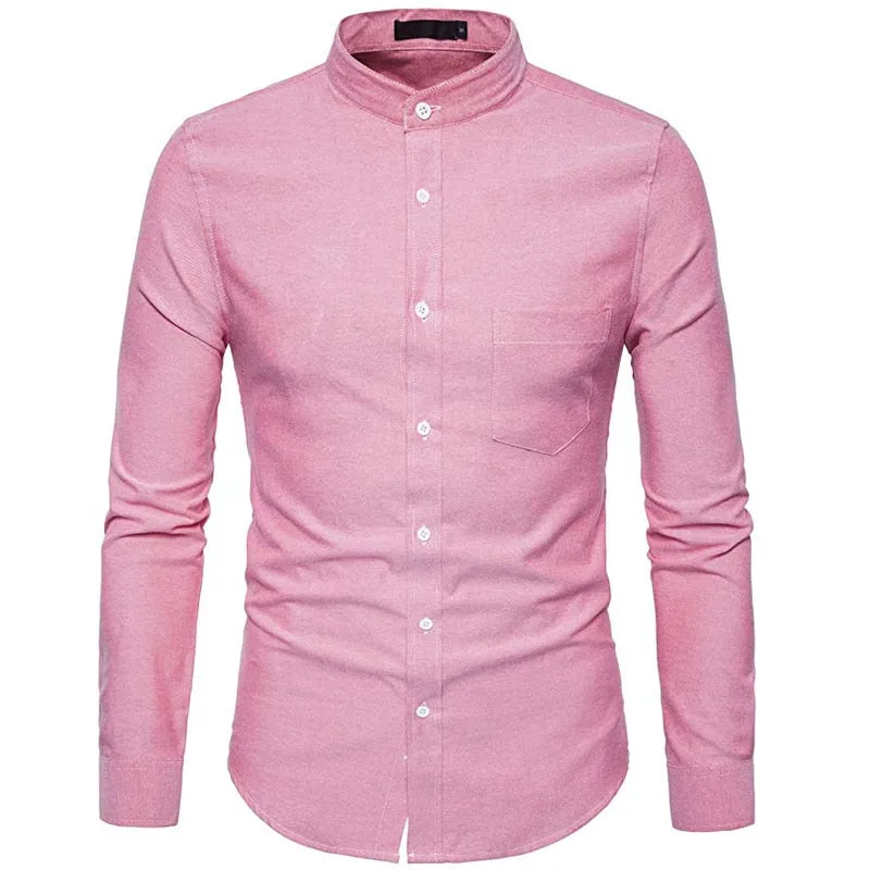 Men's Casual Solid Oxford Cotton Stand Collar Slim Fit Long Sleeve Shirt