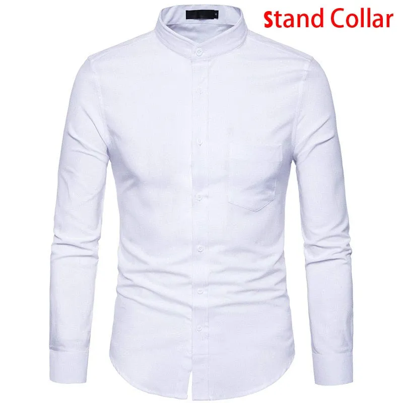 Men's Casual Solid Oxford Cotton Stand Collar Slim Fit Long Sleeve Shirt