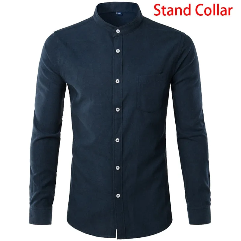 Men's Casual Solid Oxford Cotton Stand Collar Slim Fit Long Sleeve Shirt