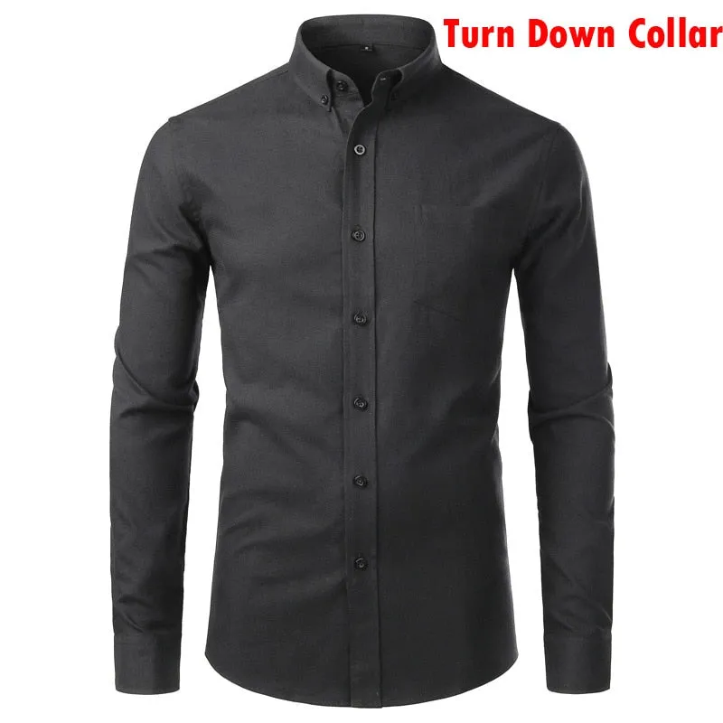 Men's Casual Solid Oxford Cotton Stand Collar Slim Fit Long Sleeve Shirt