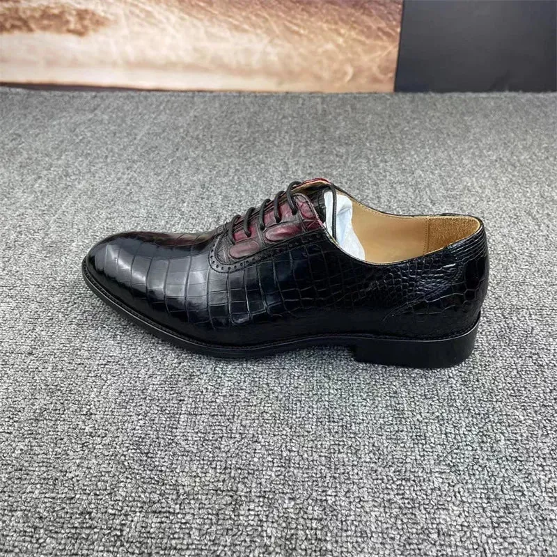 Men's Crocodile Skin Leather Lace-up Square Toe Formal Dress Shoes