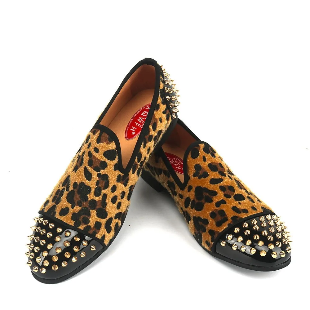 Men's Leopard Printed Pattern Rivet Breathable Italian Handmade Loafers