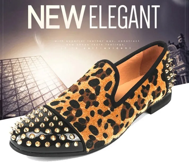 Men's Leopard Printed Pattern Rivet Breathable Italian Handmade Loafers