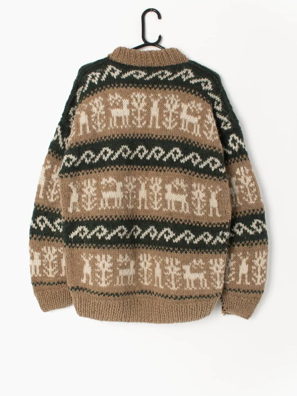 Mens vintage chunky hand knit cowichan style jumper with beige and green bands and geometric pattern- Large