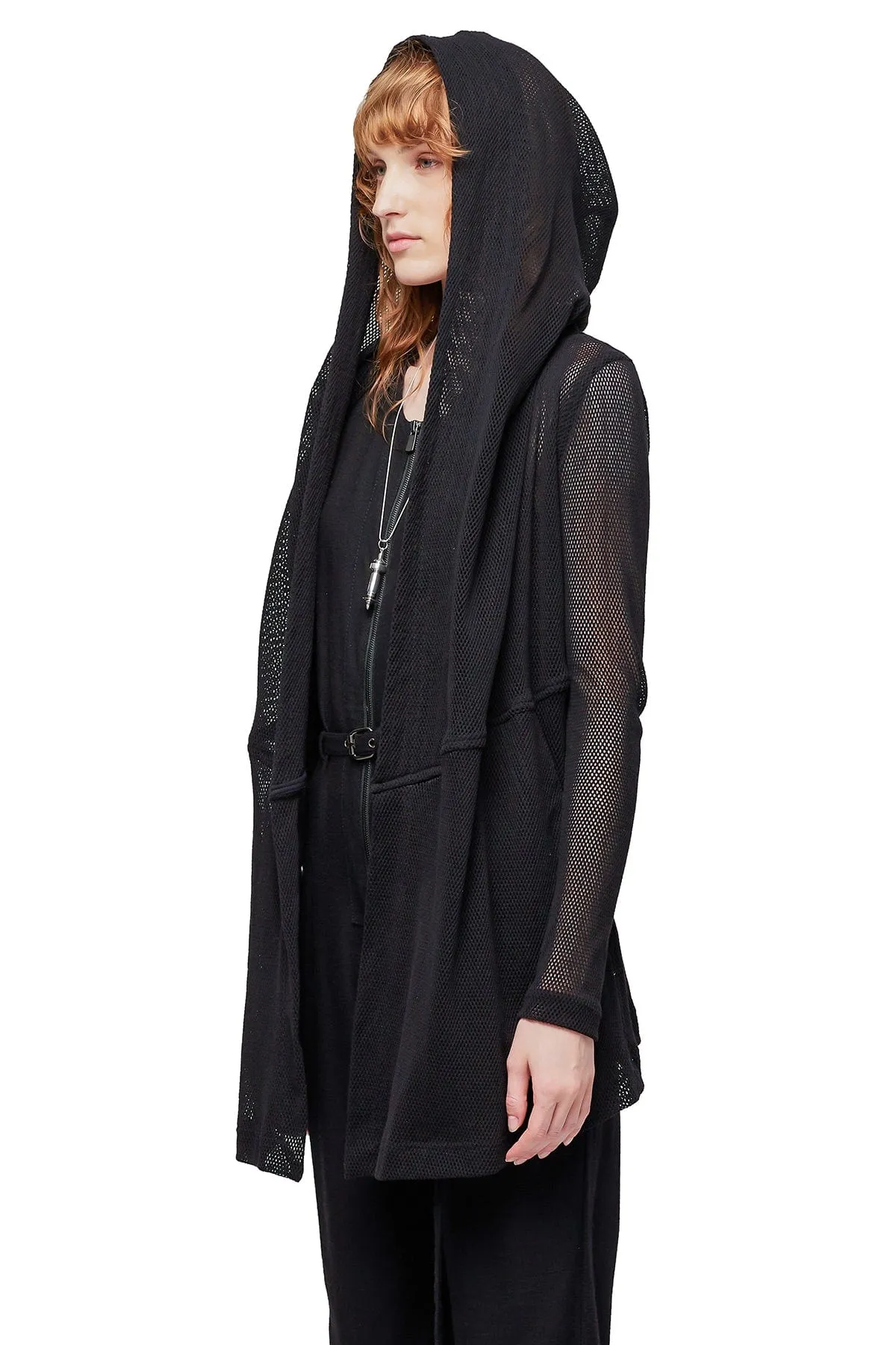 MESH DRAPED HOODIE IN BLACK