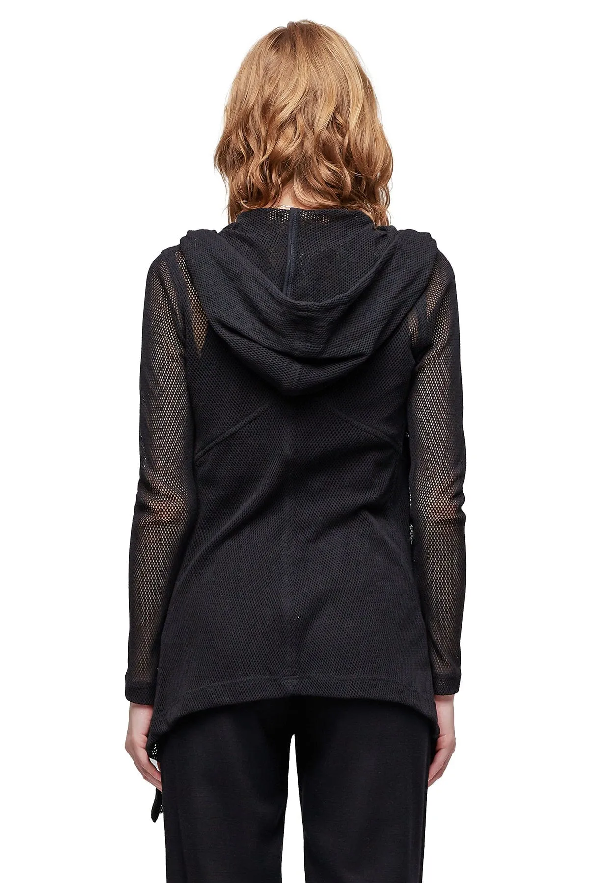 MESH DRAPED HOODIE IN BLACK