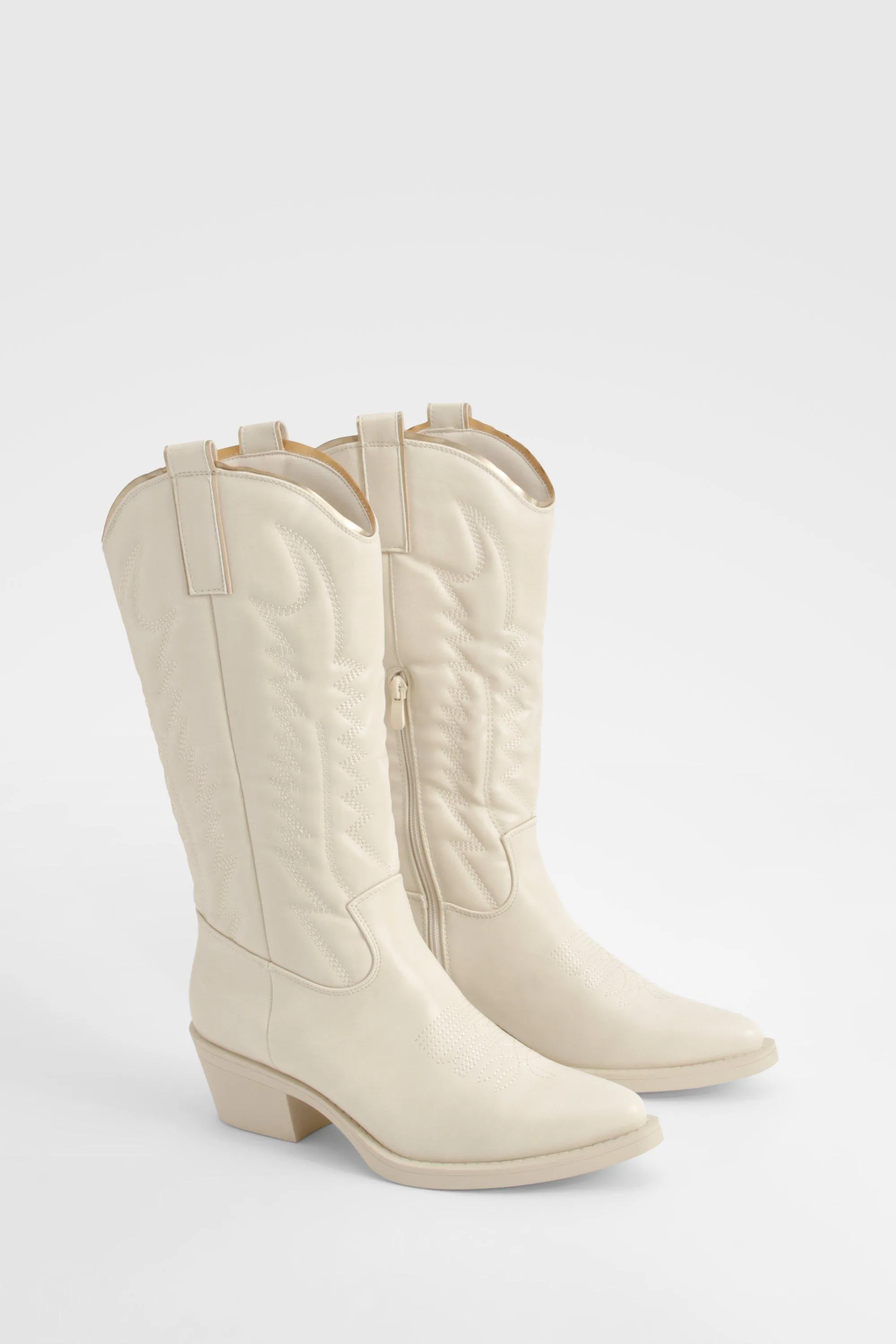 Metallic Trim Embroidered Calf High Western Boots