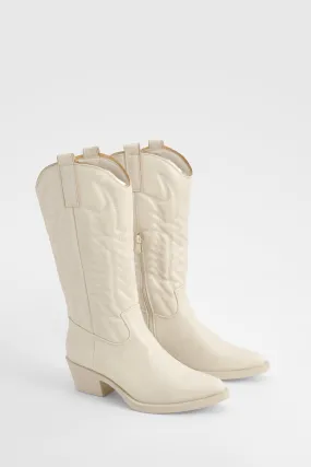 Metallic Trim Embroidered Calf High Western Boots