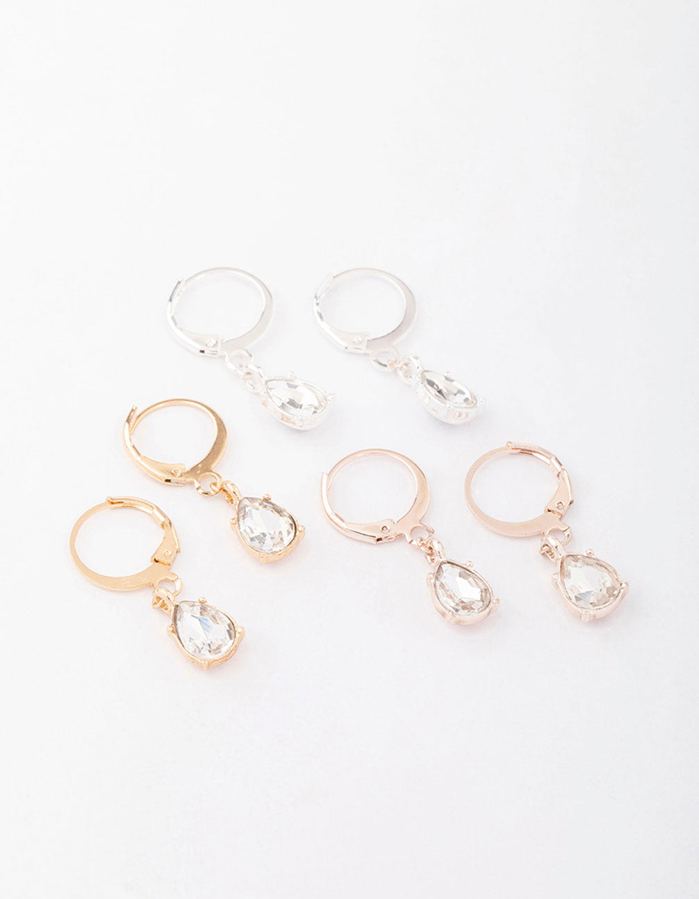 Mixed Metal Drop Pear Diamante Huggie Earring 3-Pack