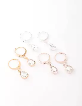 Mixed Metal Drop Pear Diamante Huggie Earring 3-Pack