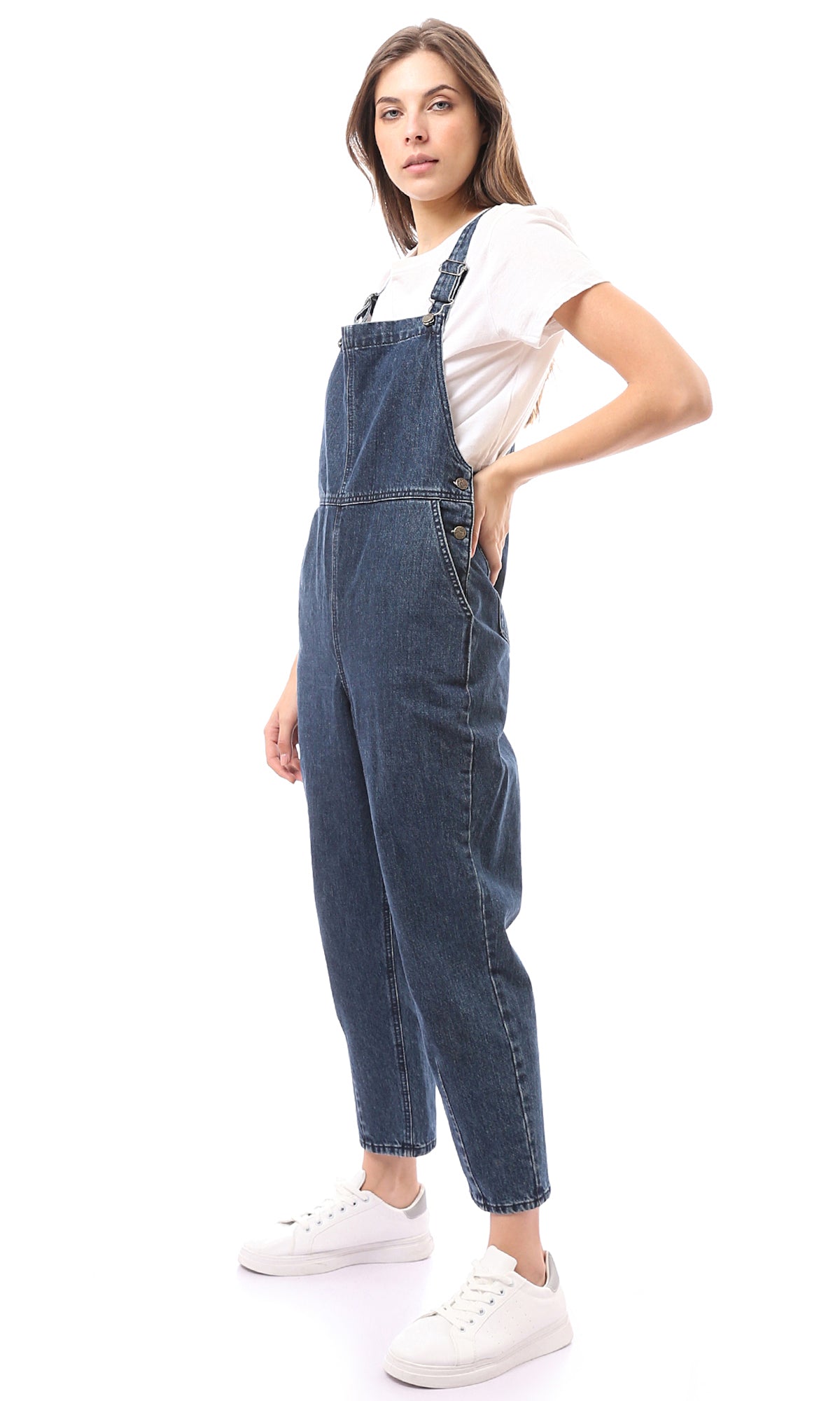 O168670 Sleeveless Vintage Regular Fit Navy Blue Denim Jumpsuit