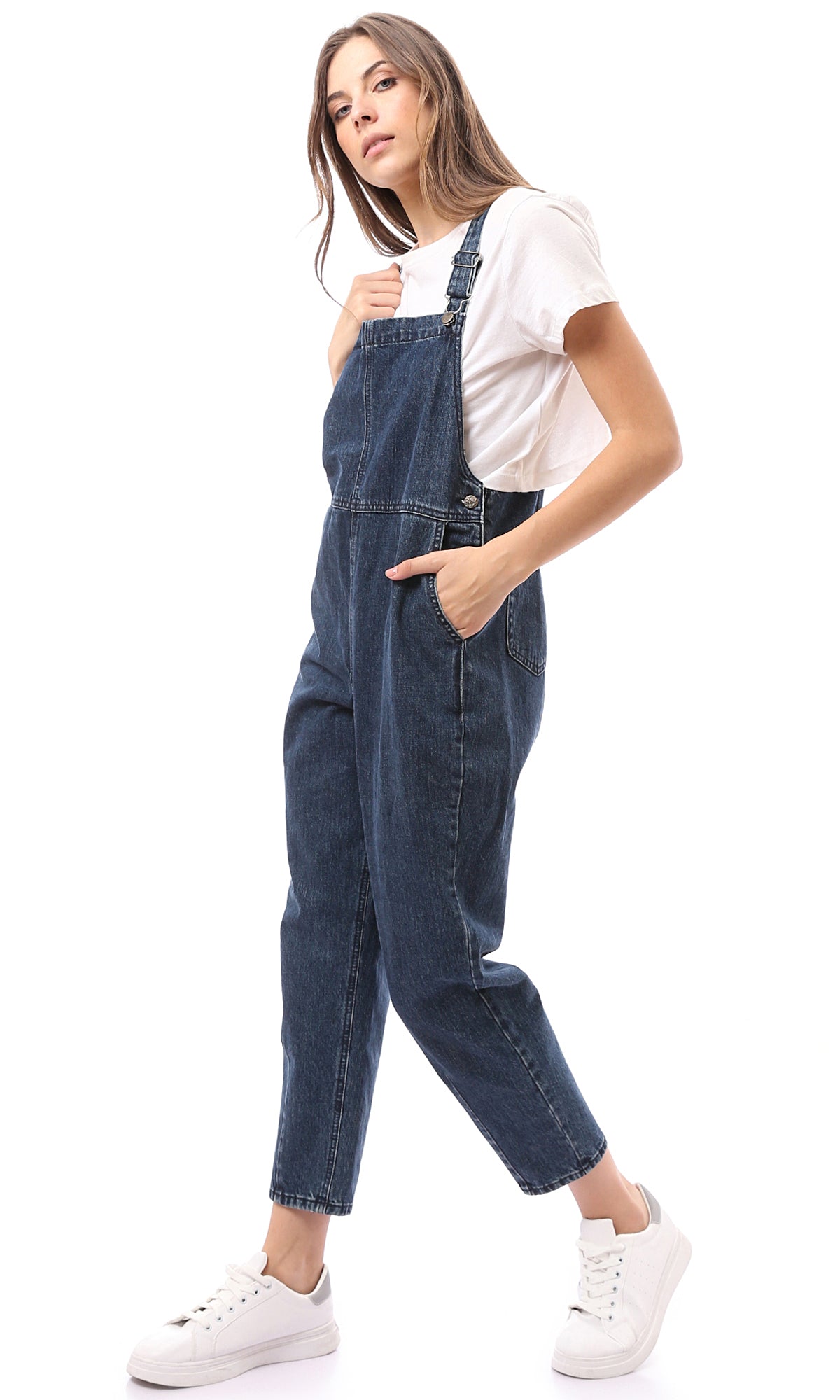 O168670 Sleeveless Vintage Regular Fit Navy Blue Denim Jumpsuit