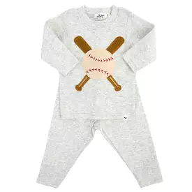 oh baby! Two Piece Set - Vintage Baseball Applique - Heather Gray