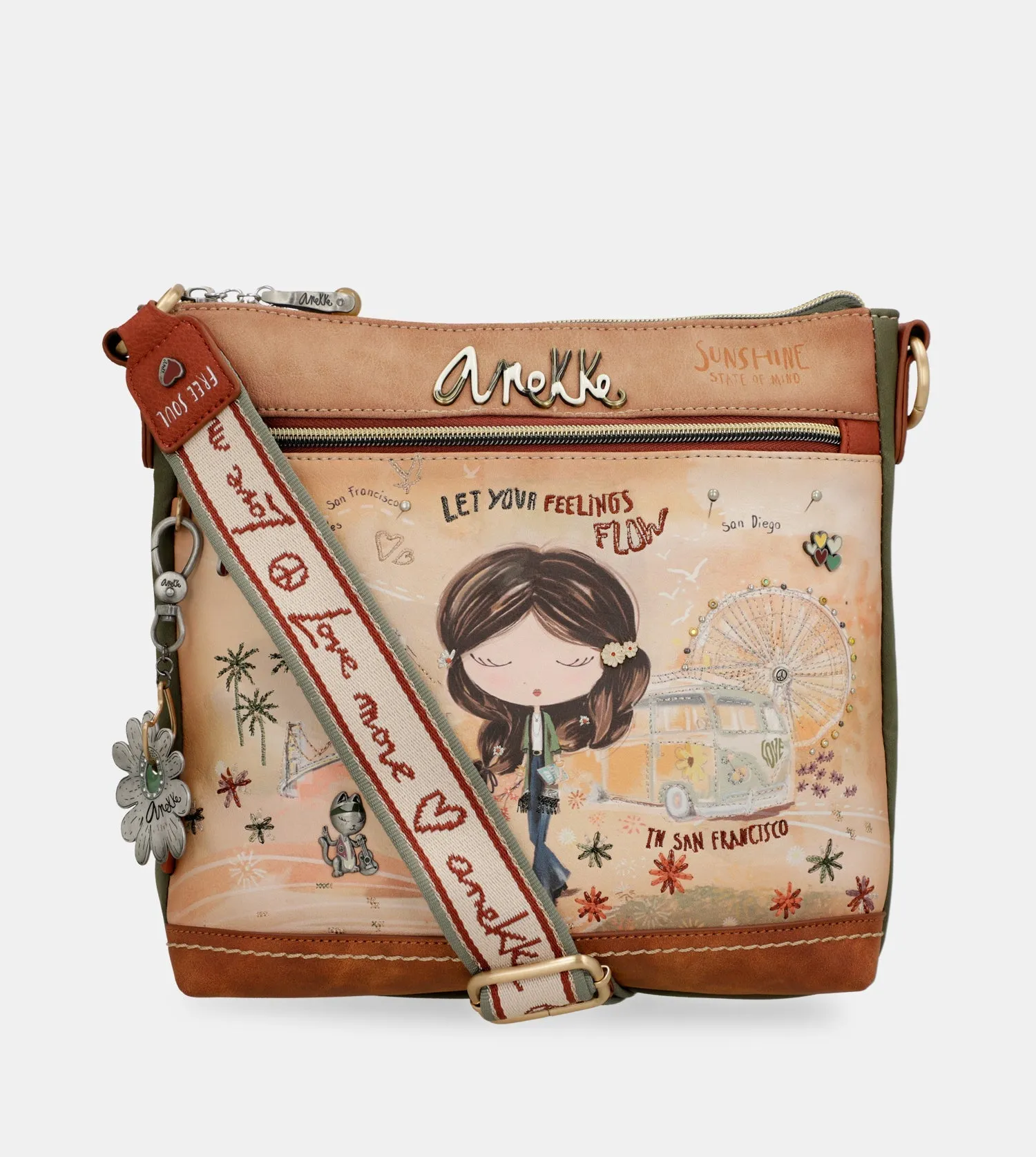 Peace & Love camel square crossbody bag