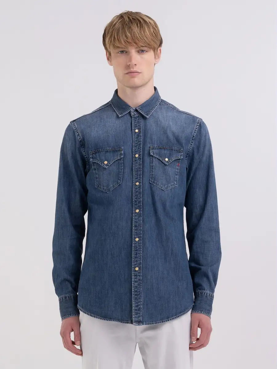 Replay PE24 Camicia Regular Fit in Denim Medium Blue Man