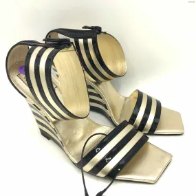 ROGER VIVIER Gold Black Leather Made in Italy Stripe 4 Wedge Shoes