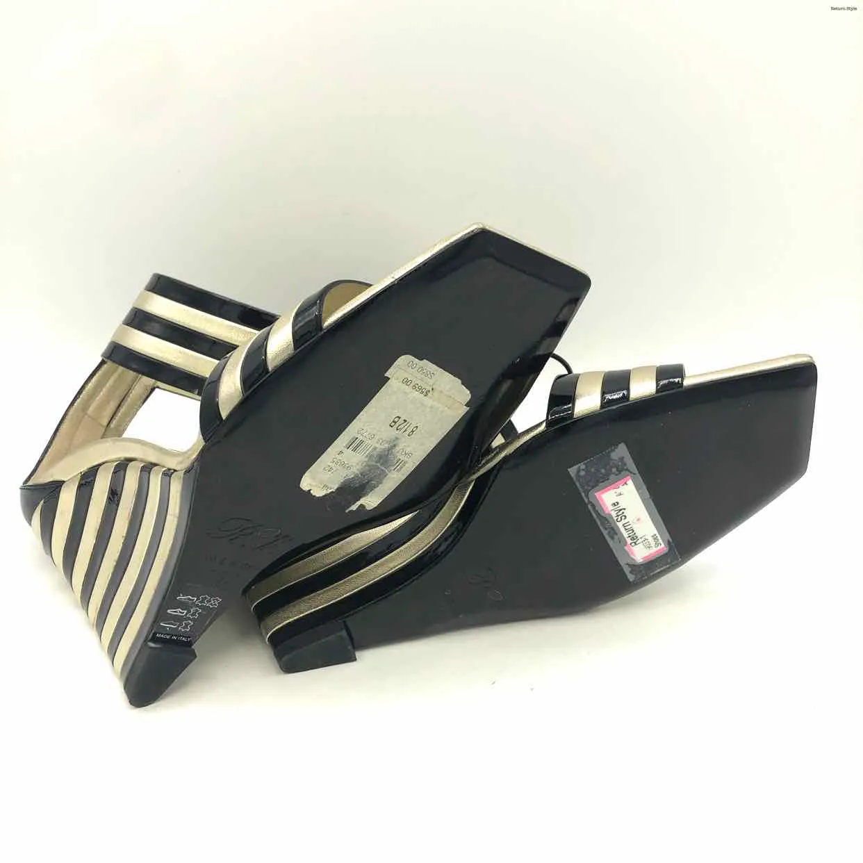 ROGER VIVIER Gold Black Leather Made in Italy Stripe 4 Wedge Shoes