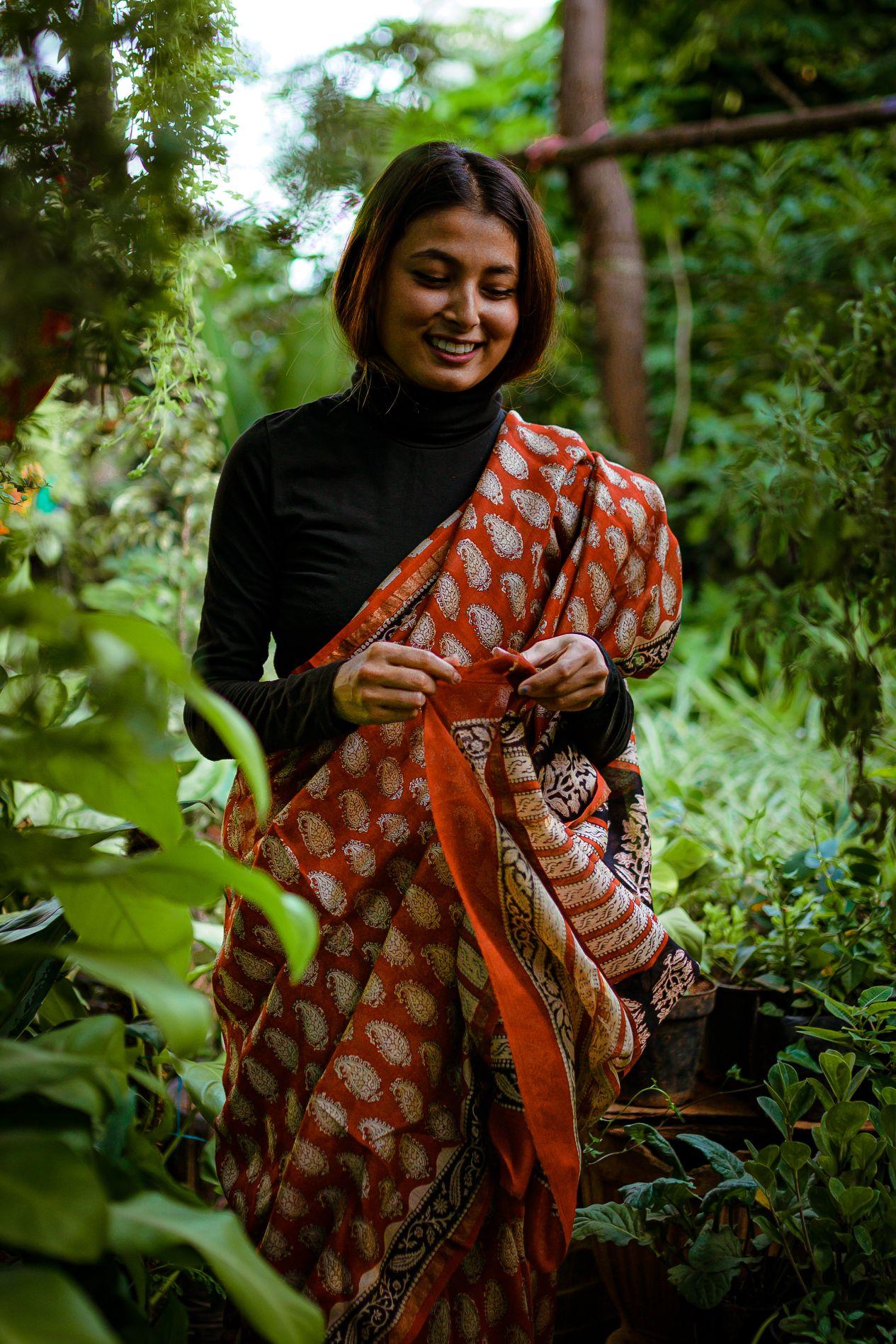 Roheda Kaisori Bagru Kairi block print saree