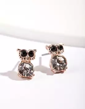 Rose Gold Diamante Owl Stud Earrings