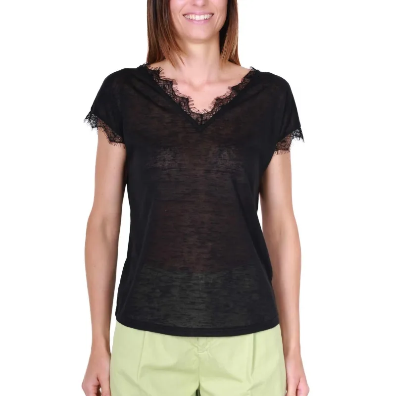 T-SHIRT SCOLLO A V CON PIZZO, NERO