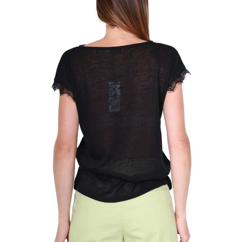 T-SHIRT SCOLLO A V CON PIZZO, NERO