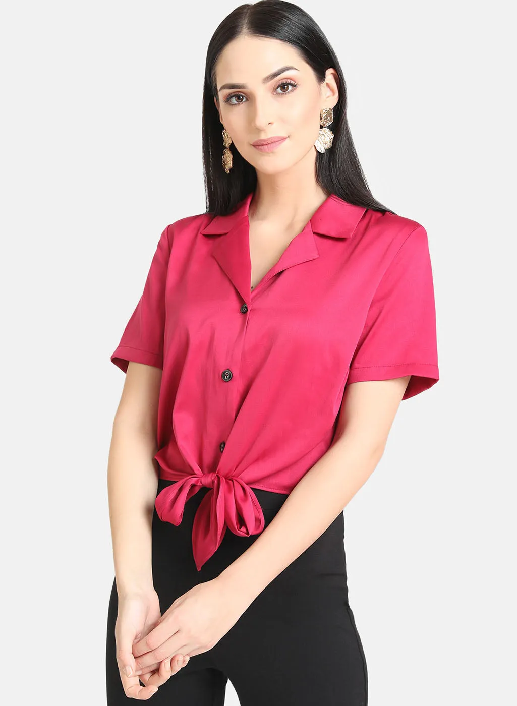 Tie-Knot Satin Crop Shirt