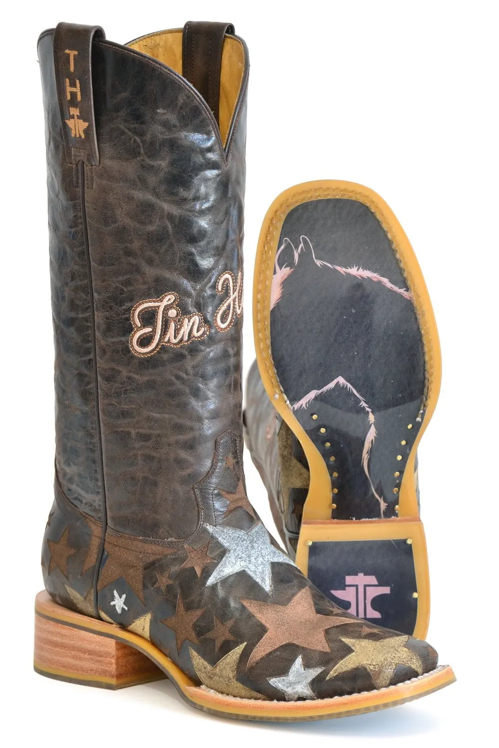 Tin Haul Womens Hollywood Stars Brown Leather Cowboy Boots