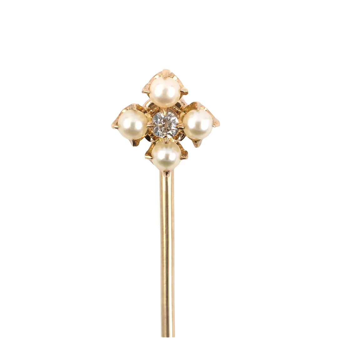 Victorian Pearl & Diamond Cluster Stick Pin