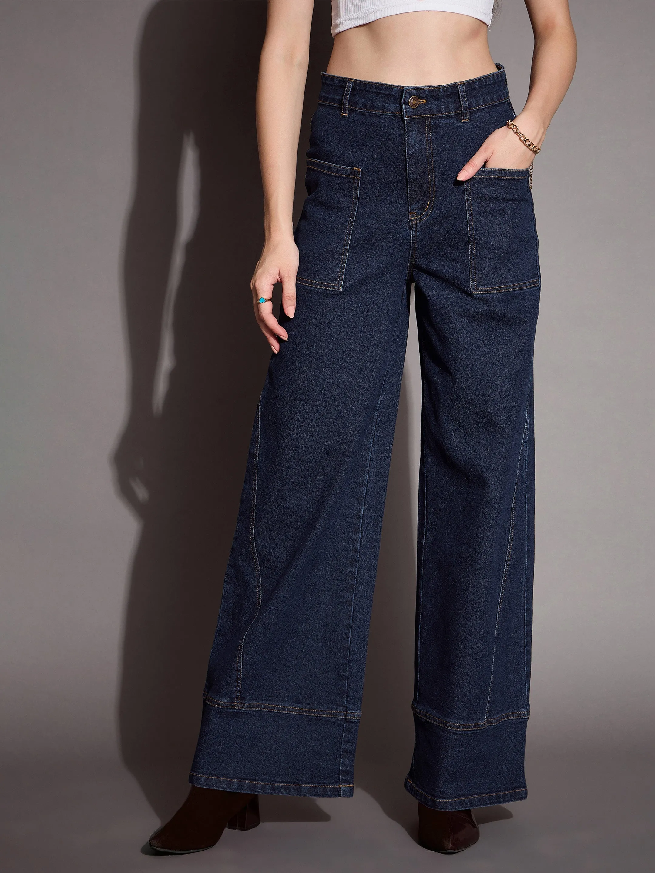 Women Blue Blast Patch Pocket Wide Leg Jeans