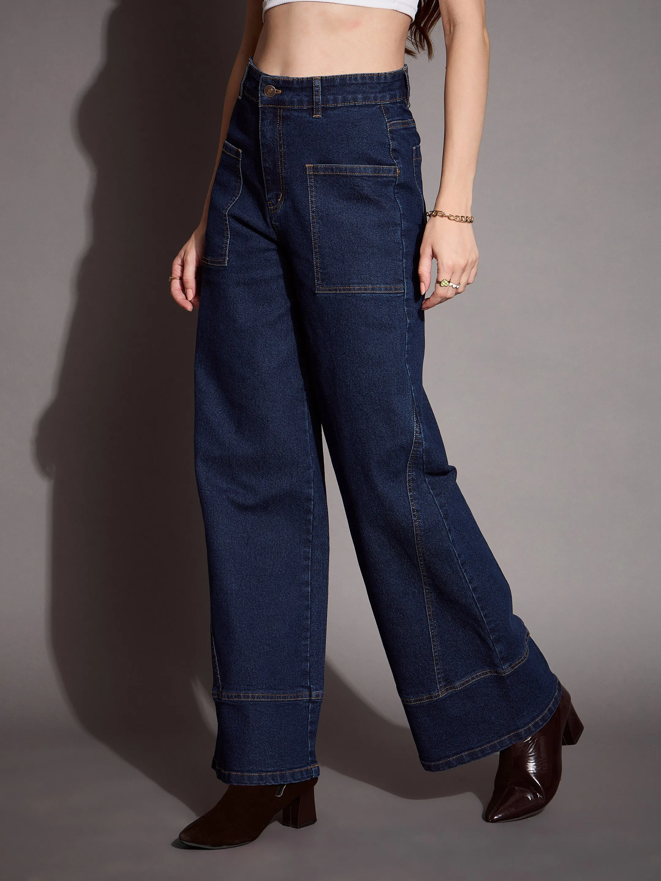 Women Blue Blast Patch Pocket Wide Leg Jeans