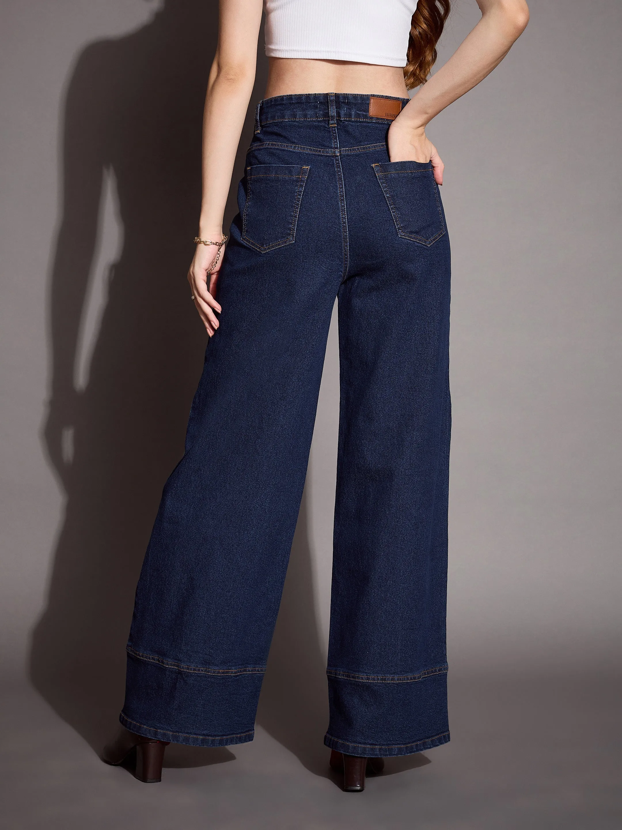 Women Blue Blast Patch Pocket Wide Leg Jeans