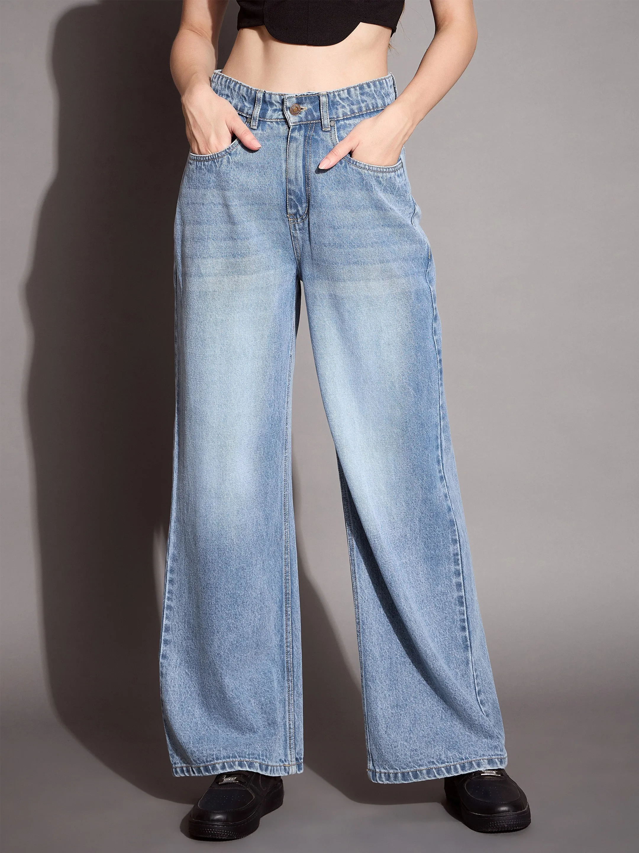 Women Blue High Waist Wide Leg Jeans