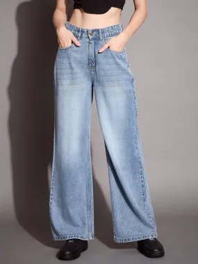 Women Blue High Waist Wide Leg Jeans