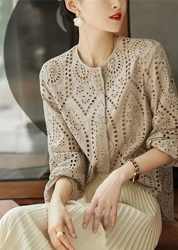 Women Light Khaki O Neck Hollow Out Cotton Blouses Long Sleeve CG1051