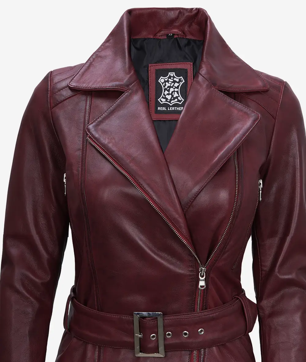 Women's Asymmetrical Maroon Belted Moto Jacket