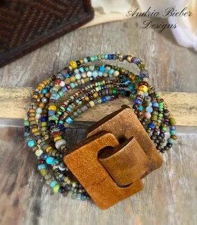 Wood clasp, Czech glass, amazonite stone, turquoise stone, large cuff style bracelet, KIT